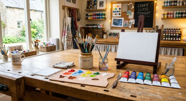 Art supplies and paintbrushes arranged on a workbench